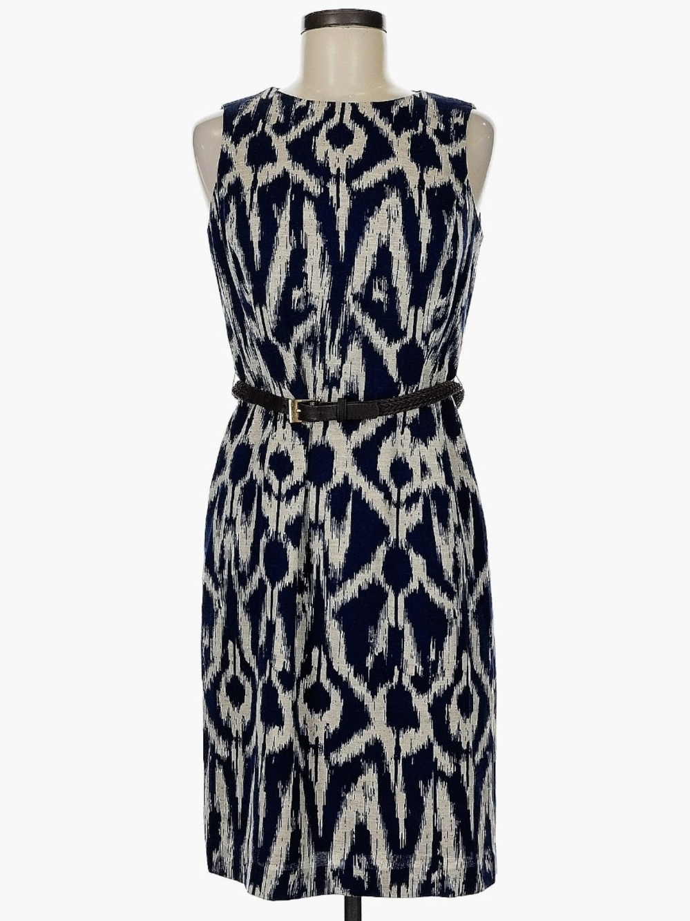 Sleeveless Navy and White Patterned Sheath Dress - Unbranded